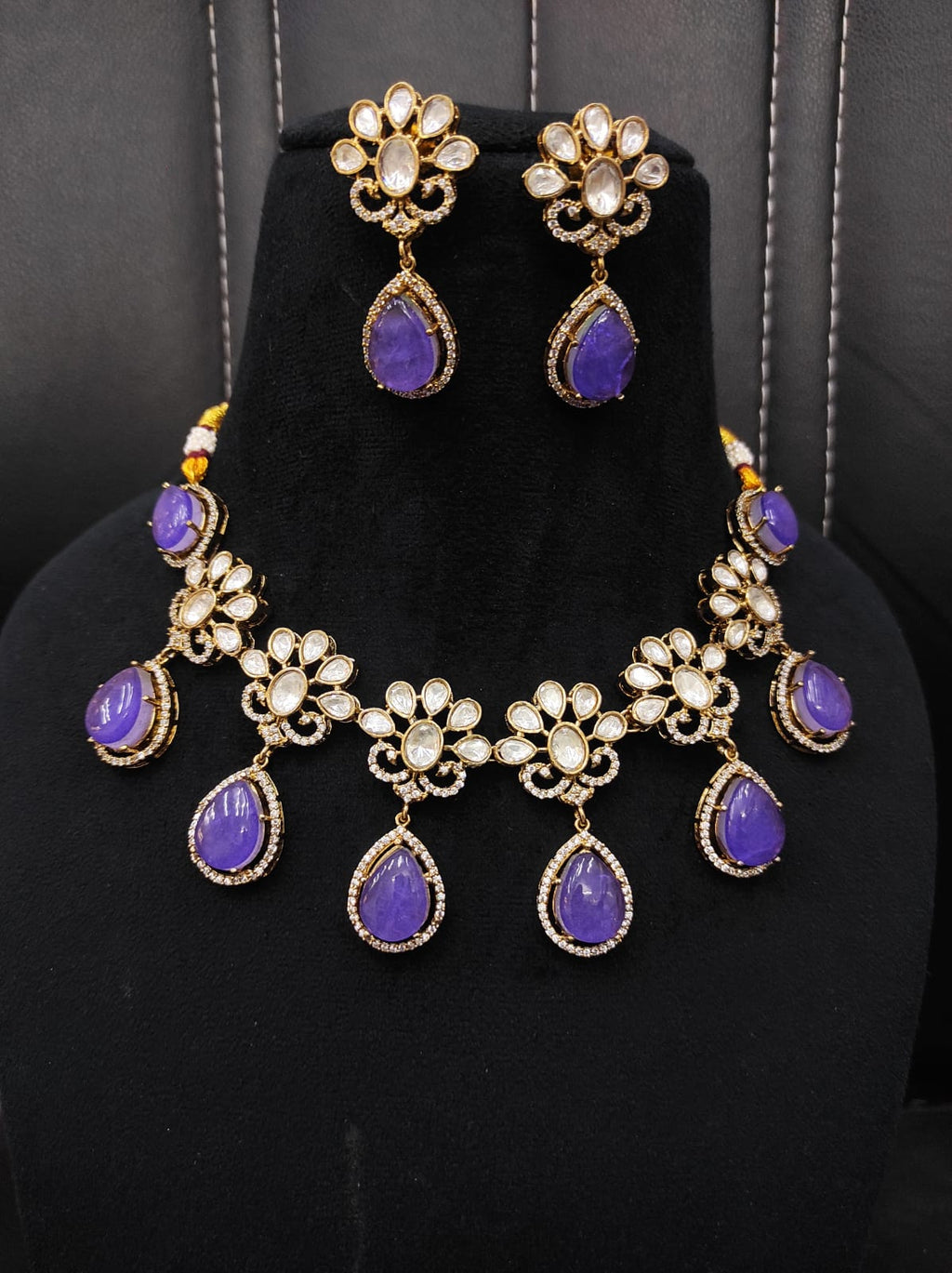 Purple Bridal Kundan and Polki Jewellery Set with Earrings for Wedding
