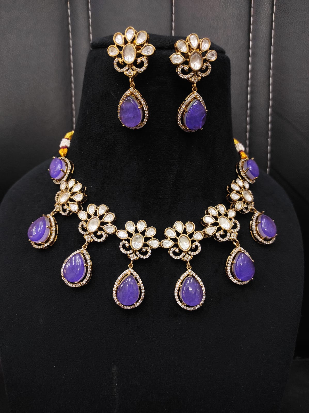 Purple Bridal Kundan and Polki Jewellery Set with Earrings for Wedding