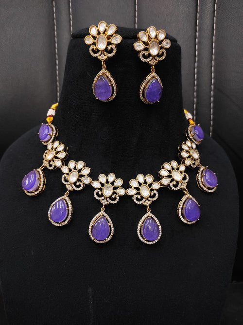 Purple Bridal Kundan and Polki Jewellery Set with Earrings for Wedding