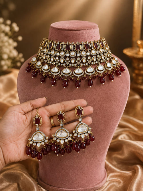 Maroon Kundan Polki bridal jewellery set with choker long necklace and earrings