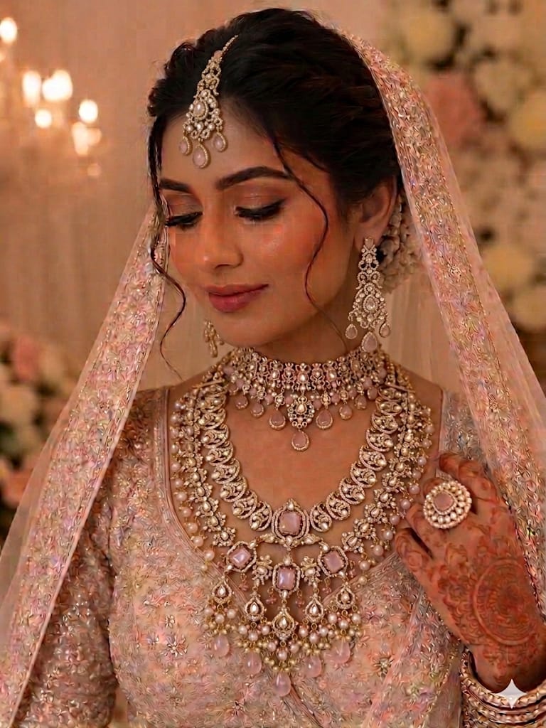Luxury Pink Kundan Polki Bridal Jewellery Set for Indian Weddings
