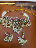 Ruby Pink Bridal Kundan Polki Choker Jewellery Set with Pearl Earrings