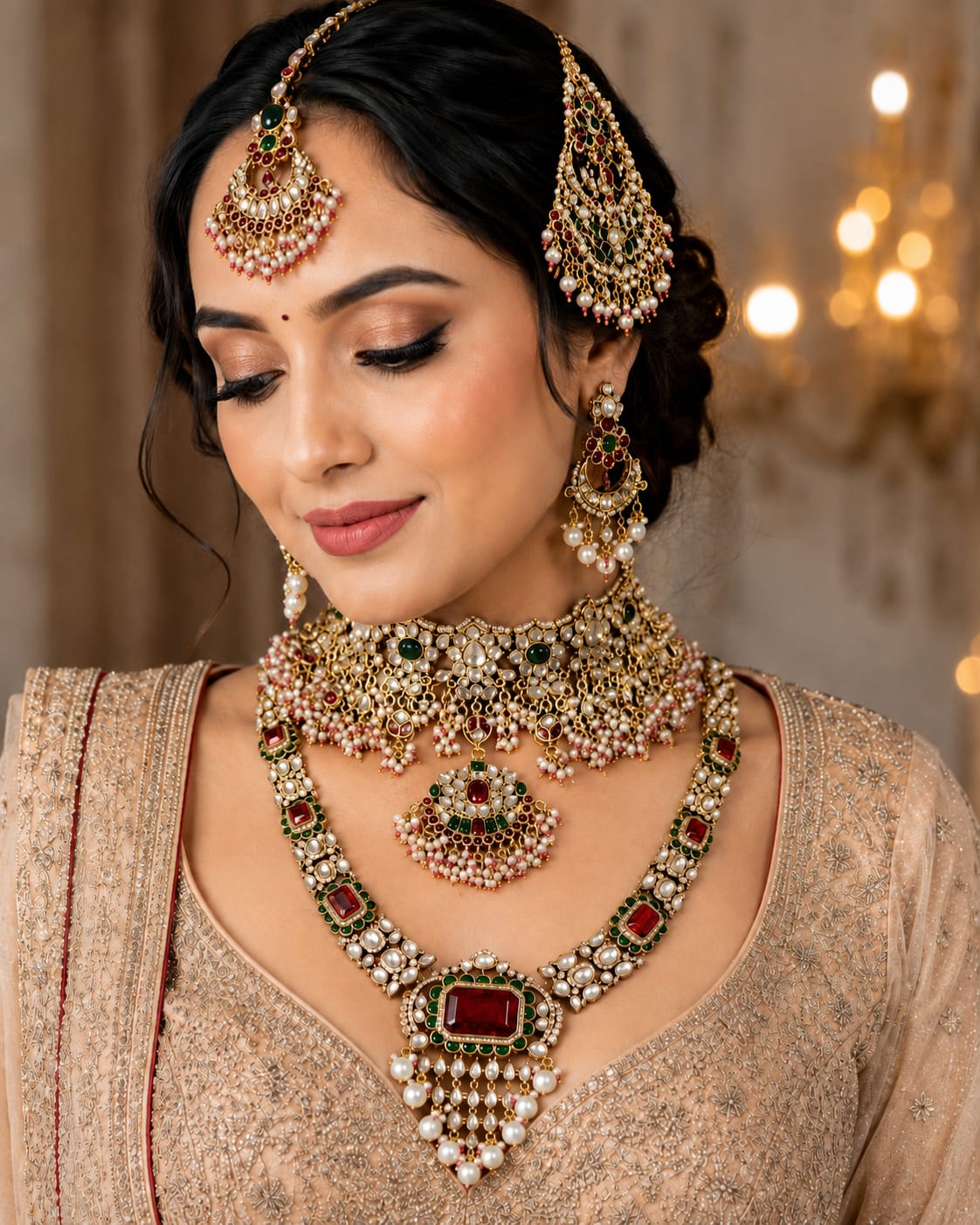 Ruby Green Kundan Polki Choker and Long Necklace Set
