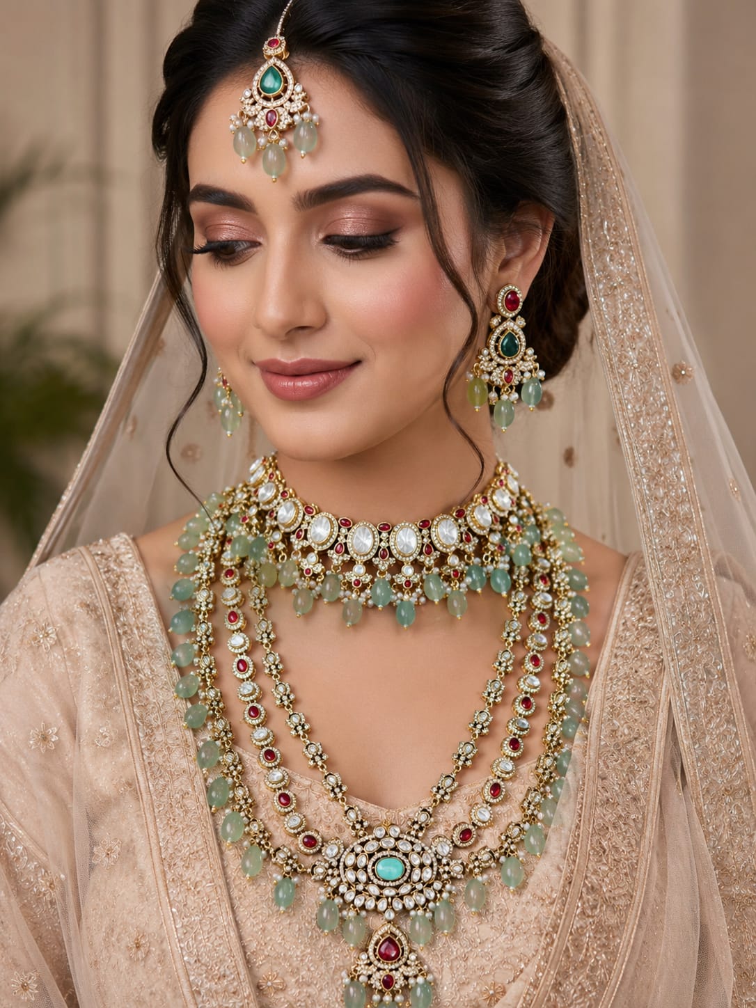 Close-up shot of royal kundan choker necklace with mint green beads and ruby stones