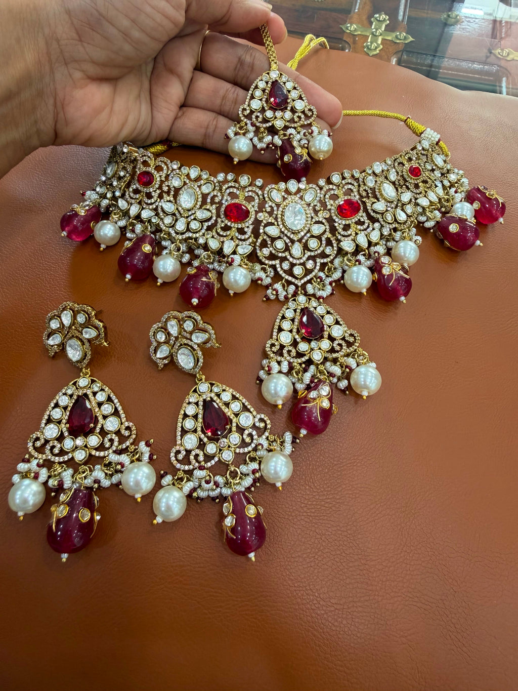 Ruby Red Bridal Kundan Polki Choker Jewellery Set with Earrings and Maang Tikka