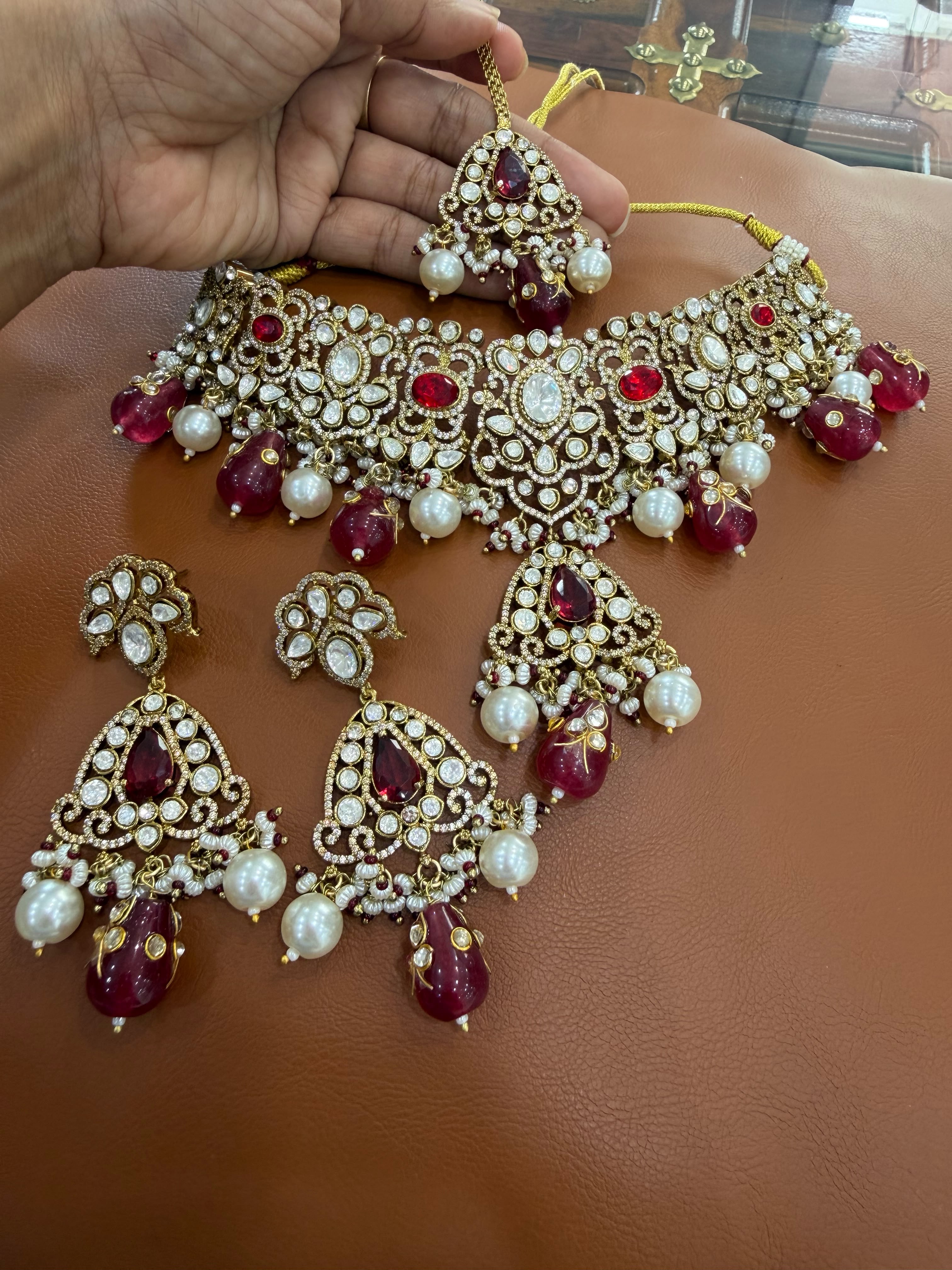 Ruby Red Bridal Kundan Polki Choker Jewellery Set with Earrings and Maang Tikka