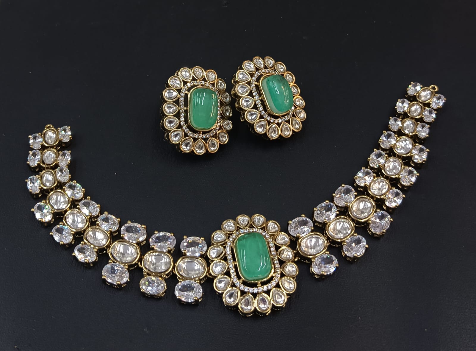 Green Bridal Kundan Polki Choker Jewellery Set with Earrings