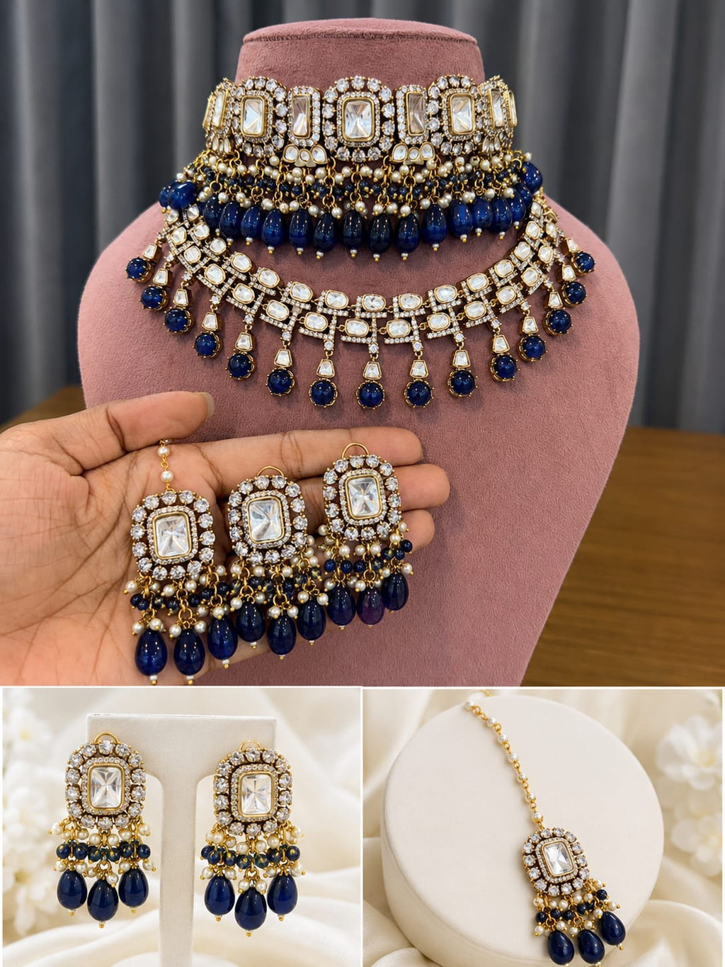 Premium Blue Bridal Kundan Polki Choker Jewellery Set with Earrings and Maang Tikka