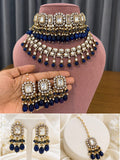 Premium Blue Bridal Kundan Polki Choker Jewellery Set with Earrings and Maang Tikka