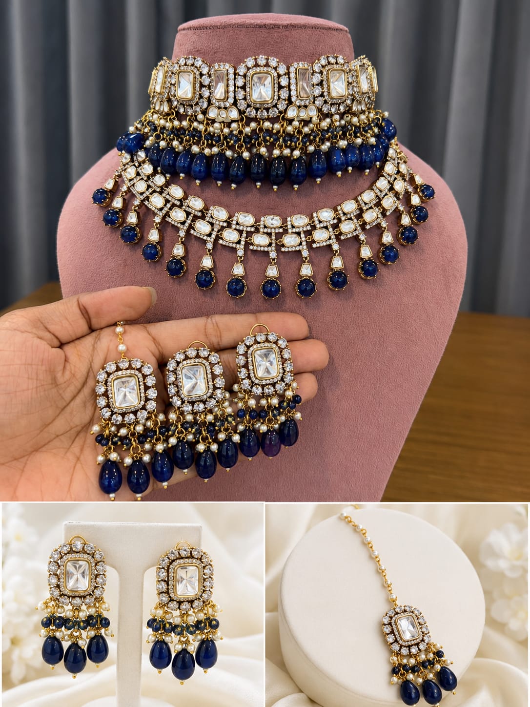 Premium Blue Bridal Kundan Polki Choker Jewellery Set with Earrings and Maang Tikka