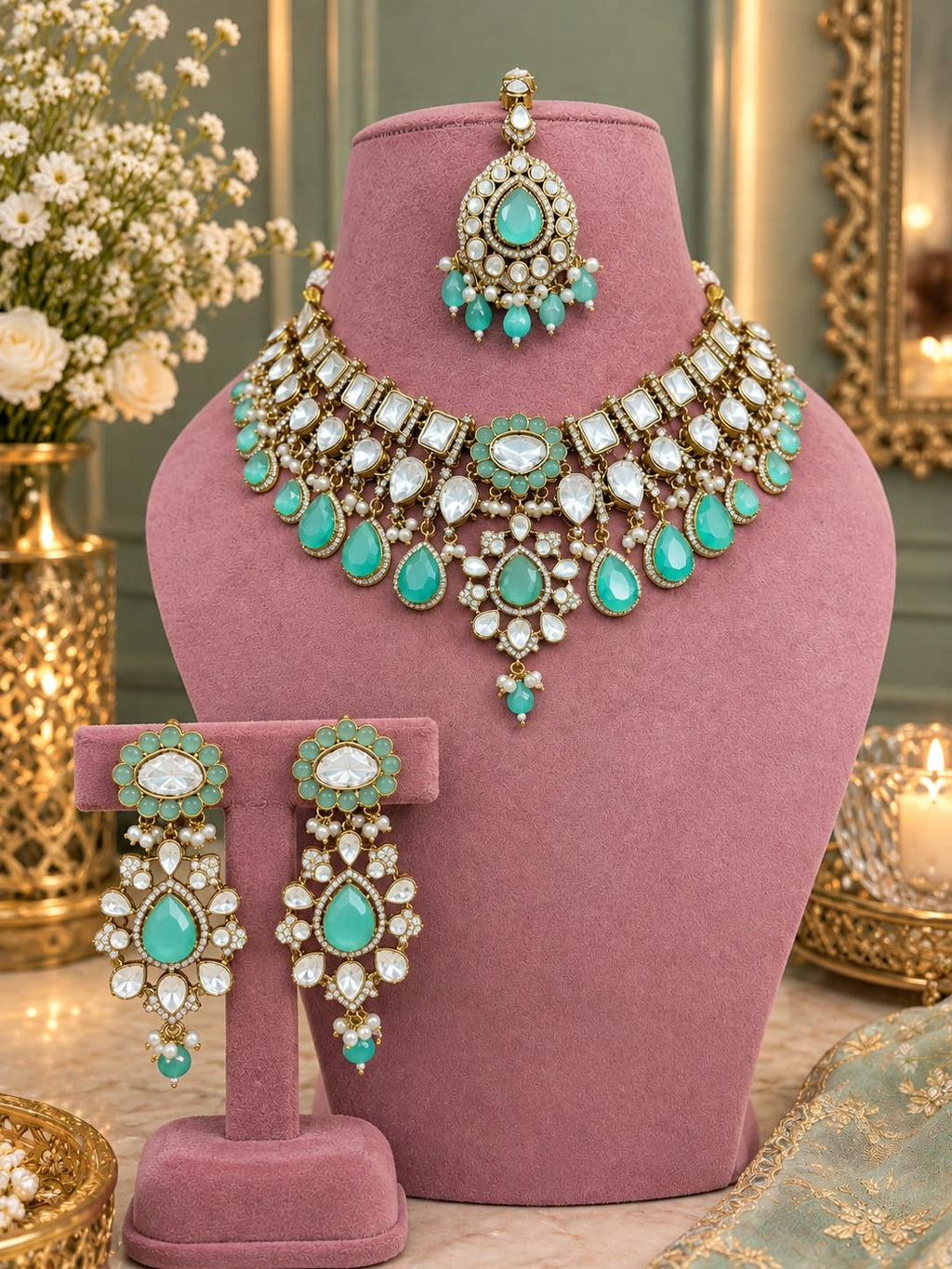 Captivating Turquoise Kundan Polki Choker Set with Maang Tikka - Kundan Polki Bridal Jewellery by Ganesh Kundan & Polki