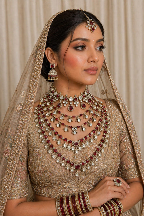Baraat-Ready Ruby-White Kundan Polki Haar Set with Jhumkas - Kundan Polki Bridal Jewellery by Ganesh Kundan & Polki (view 2)