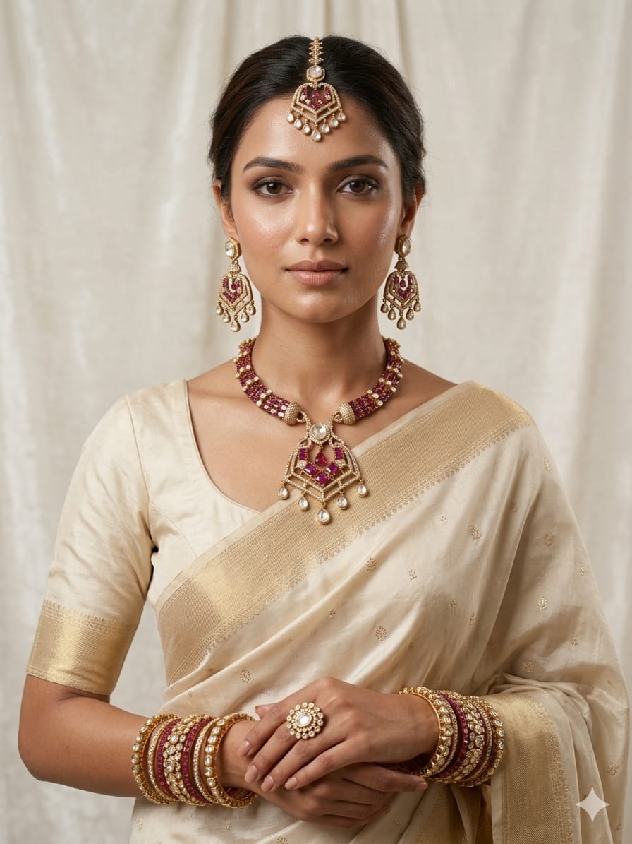 Close-up of intricate Polki stone work and ruby red baguette drops on bridal jewellery.