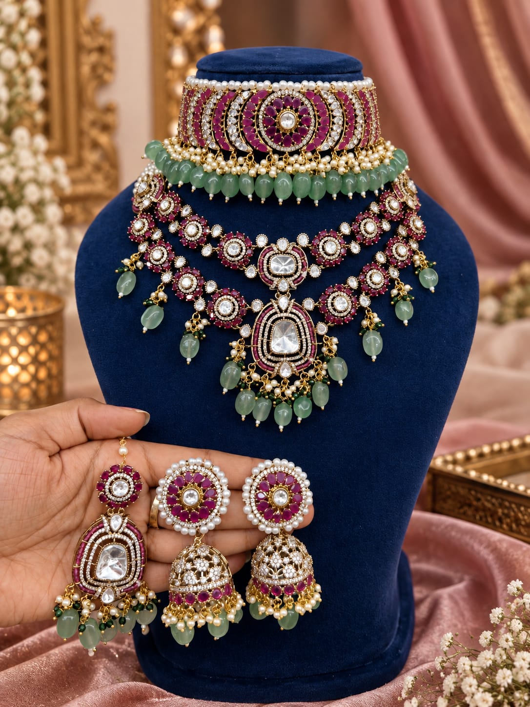 Sangeet Statement Rani-Pink Kundan Polki Choker Set with Jhumkas - Kundan Polki Bridal Jewellery by Ganesh Kundan & Polki