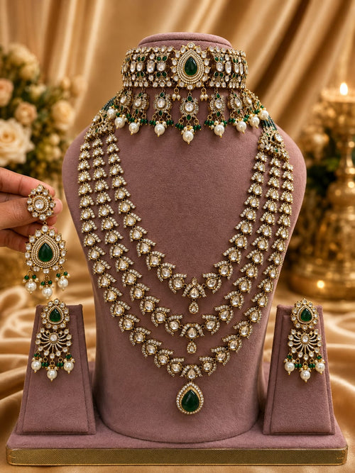Emerald green bridal Kundan Polki jewellery set with choker layered necklace and earrings