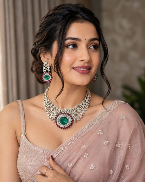 Luxury emerald green and ruby Indian bridal jewellery set
