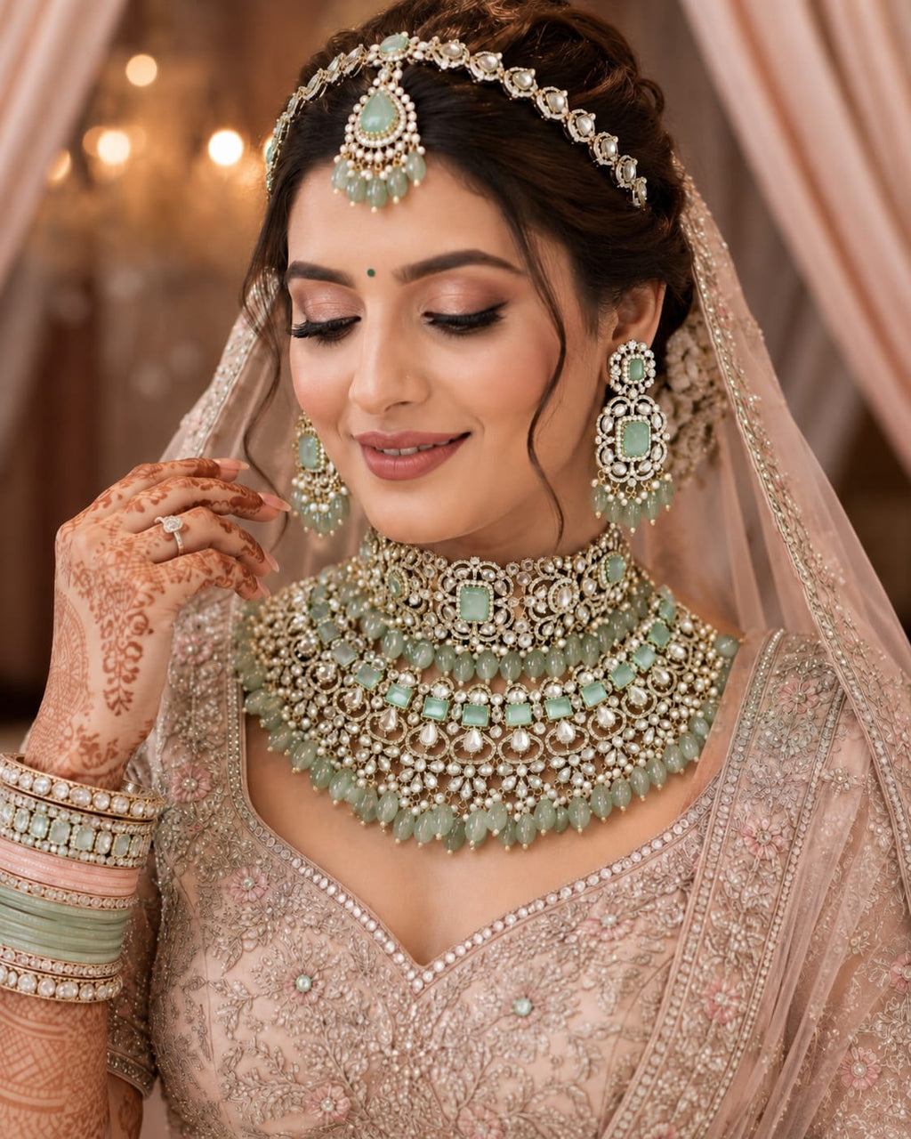Designer Mint Green Polki Bridal Jewellery Set
