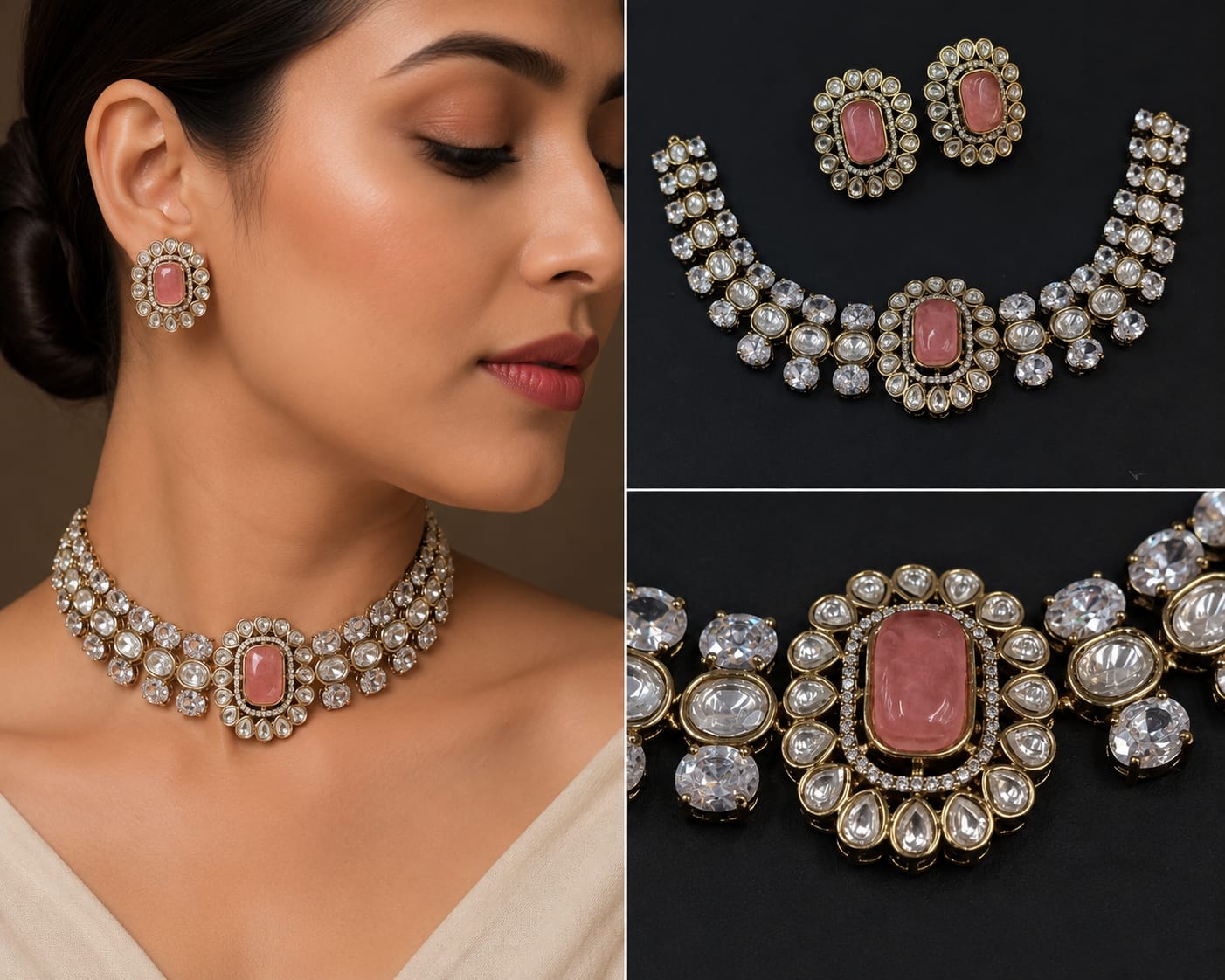 Pink stone bridal Polki jewellery set with earrings