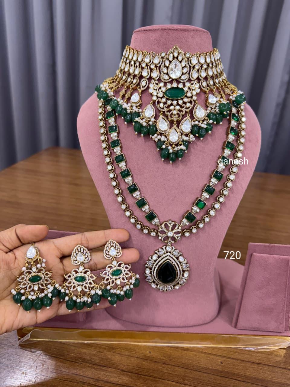Bridal Kundan Polki jewellery set with green stones choker and long necklace