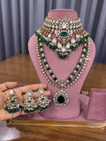 Bridal Kundan Polki jewellery set with green stones choker and long necklace