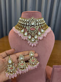 Bridal Kundan Polki jewellery set with pink stones choker long necklace earrings