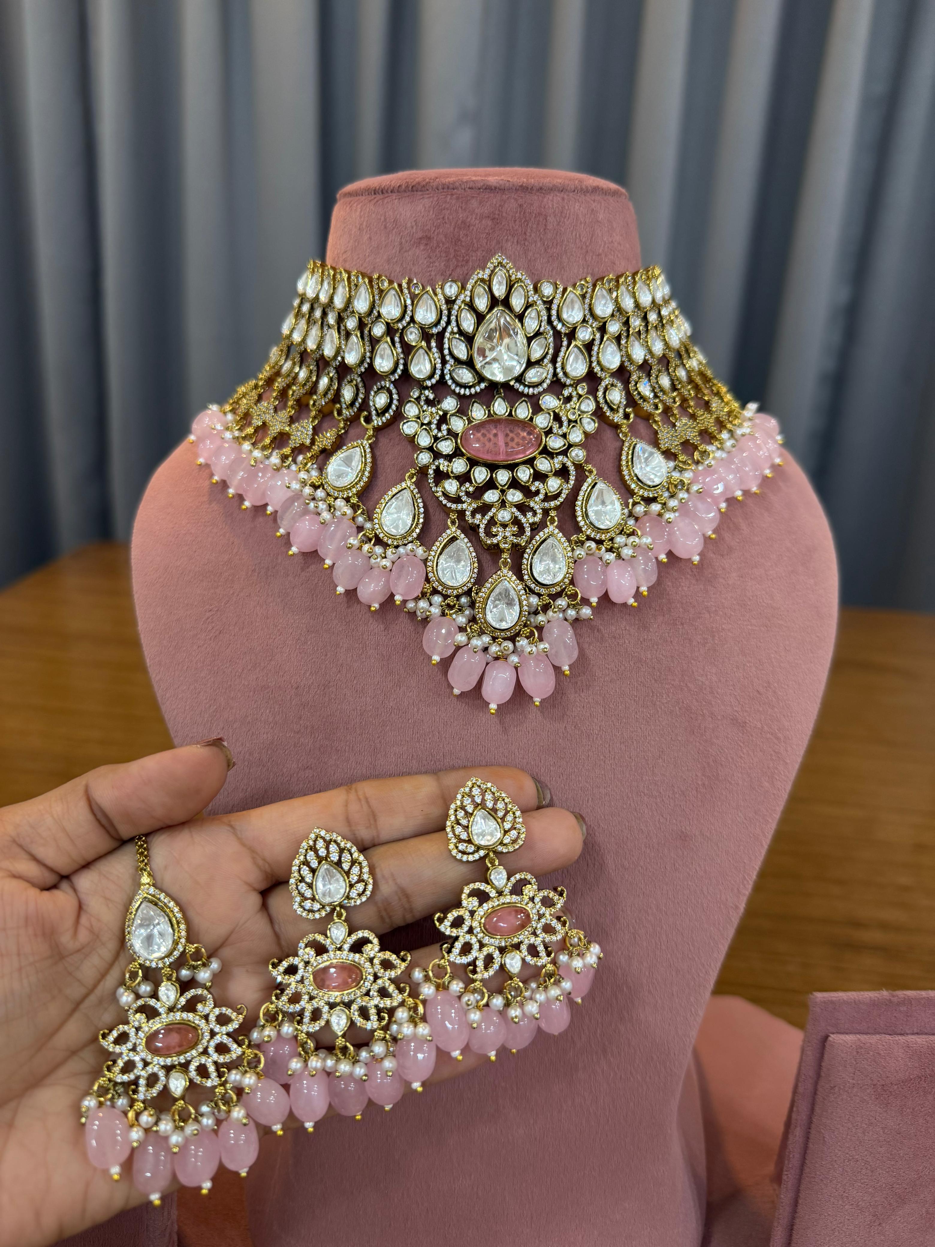 Bridal Kundan Polki jewellery set with pink stones choker long necklace earrings