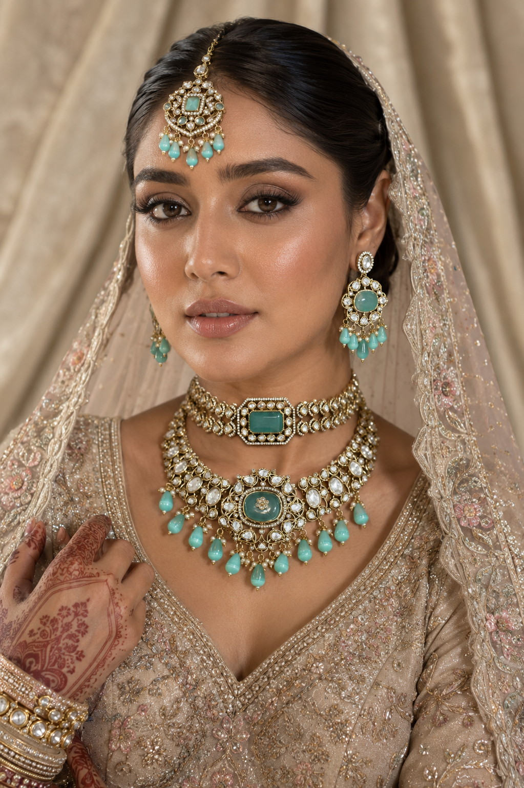 Sea green artificial bridal kundan jewellery set for wedding