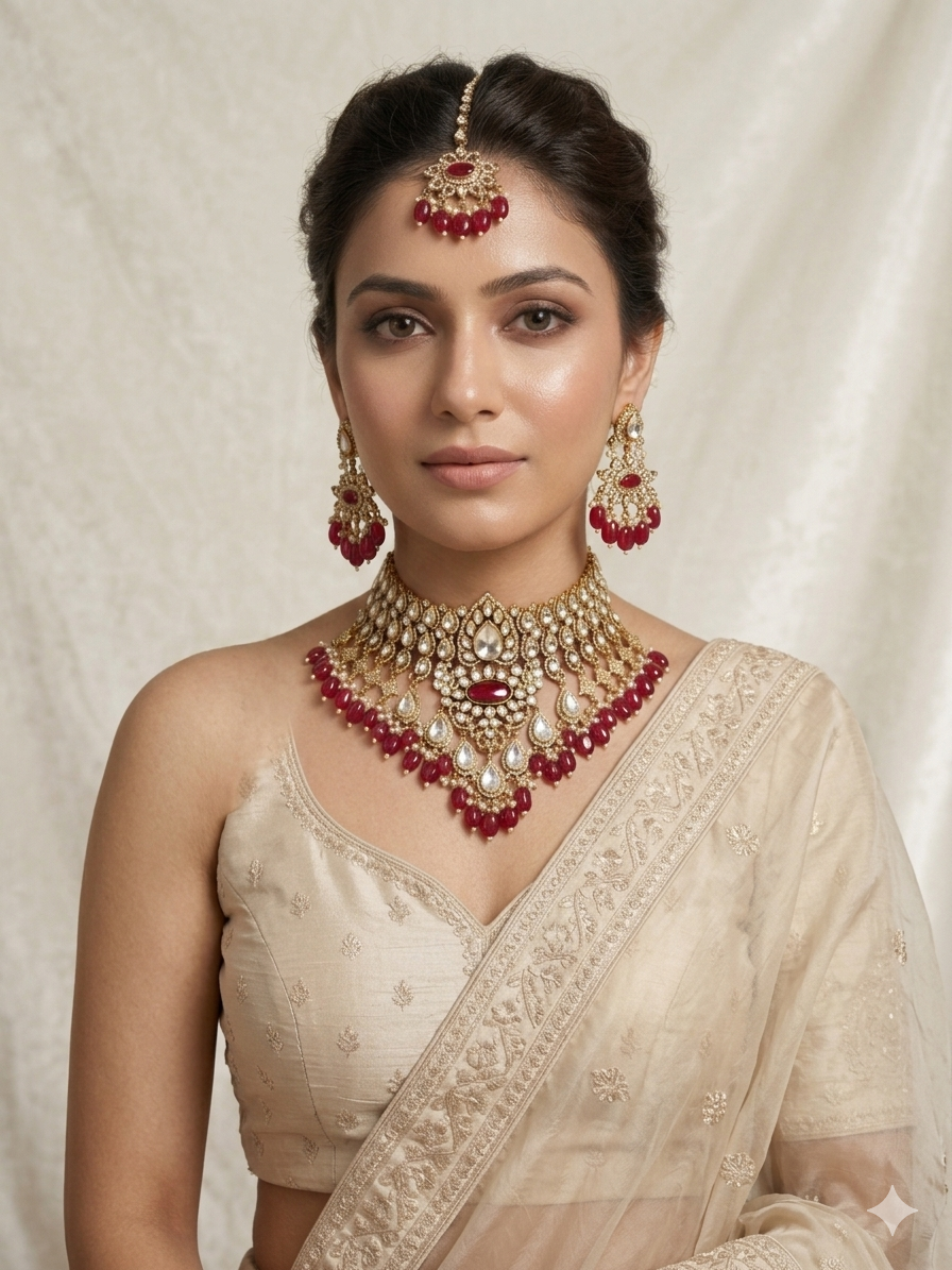 Red and gold bridal kundan polki necklace set with maang tikka