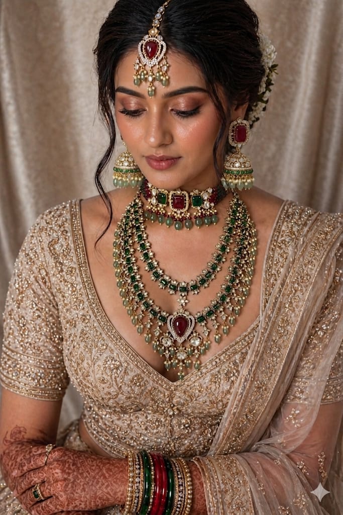 Traditional Indian bridal Polki necklace set with heavy Jhumka earrings.