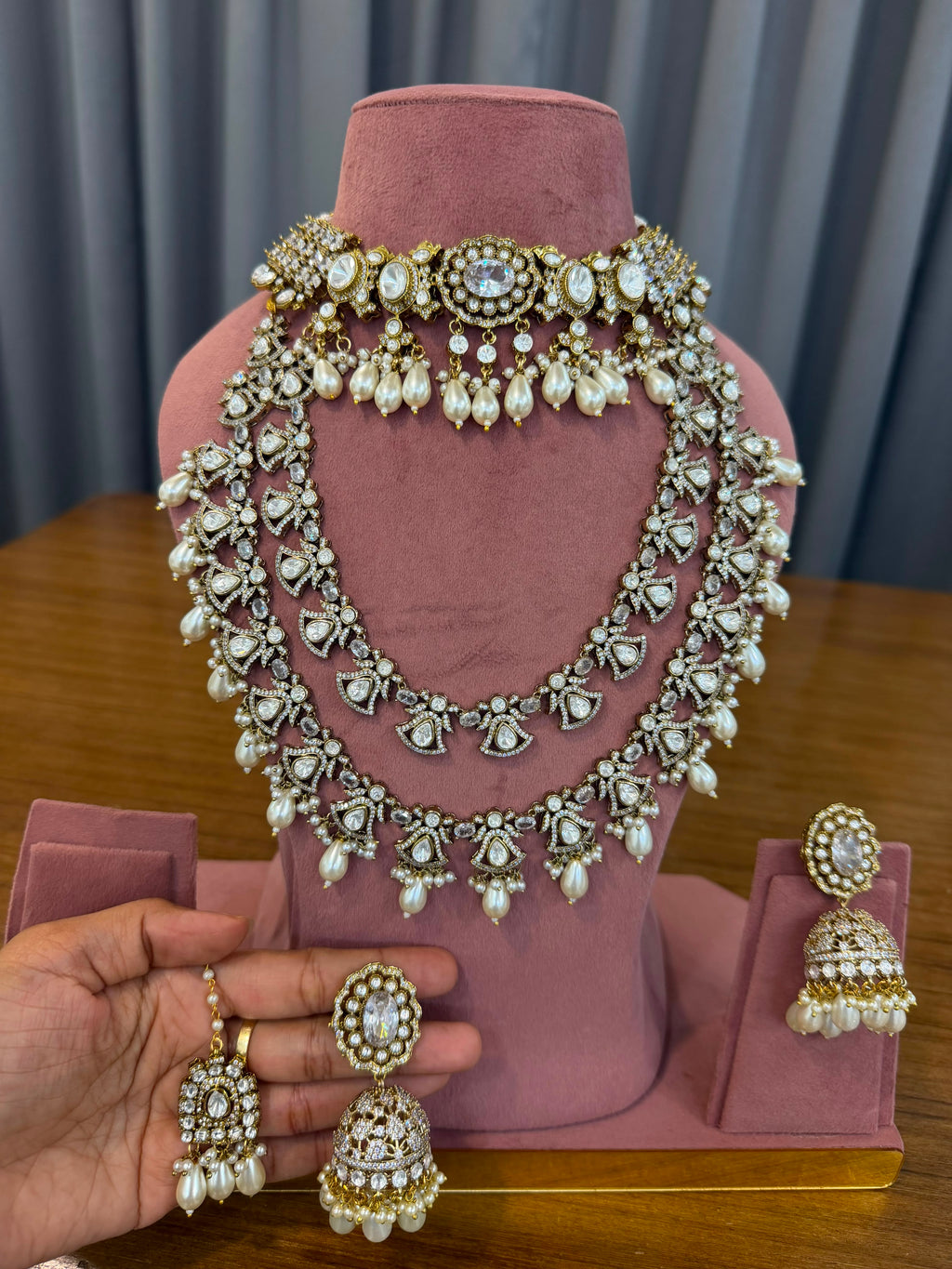 Luxury Bridal Kundan Polki Choker and Long Necklace Set with Pearl Drop Jhumka Earrings