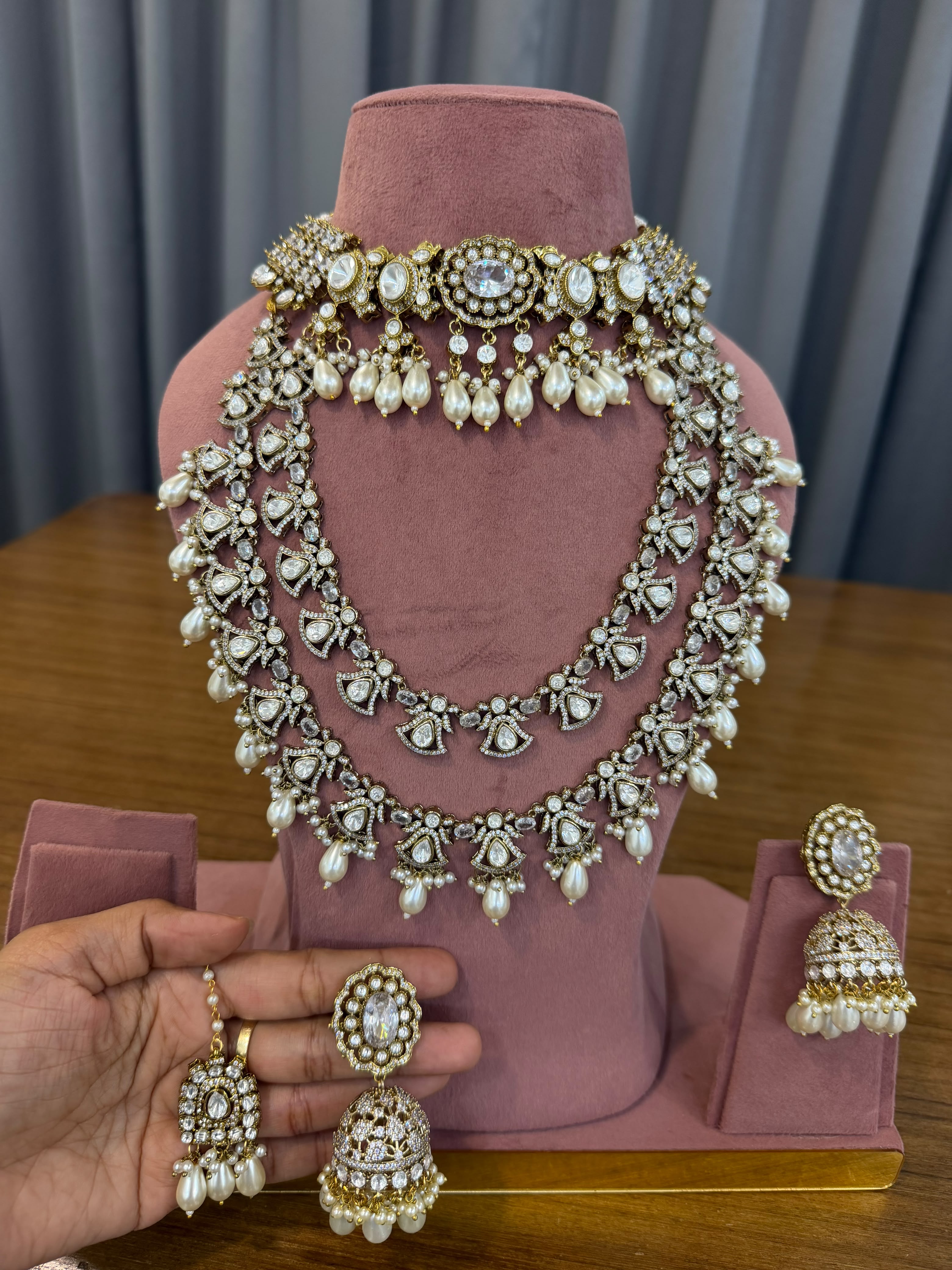 Luxury Bridal Kundan Polki Choker and Long Necklace Set with Pearl Drop Jhumka Earrings