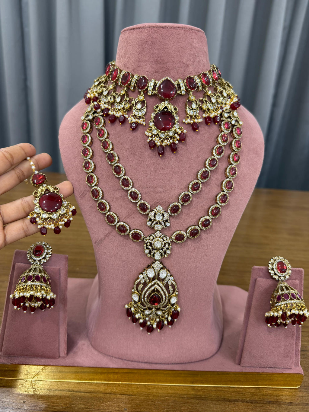 Ruby Red Bridal Kundan and Polki Jewellery Set with Choker and Long Necklace