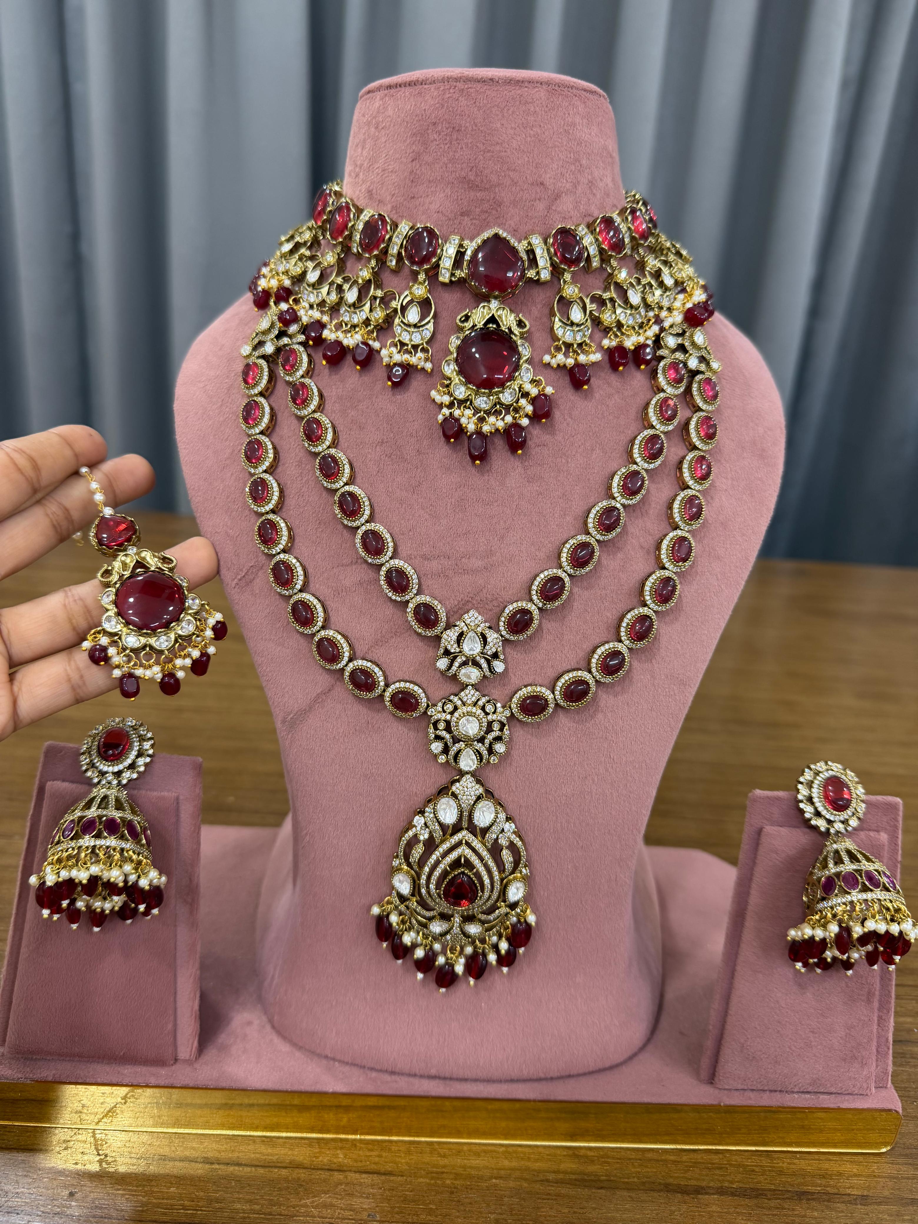Ruby Red Bridal Kundan and Polki Jewellery Set with Choker and Long Necklace