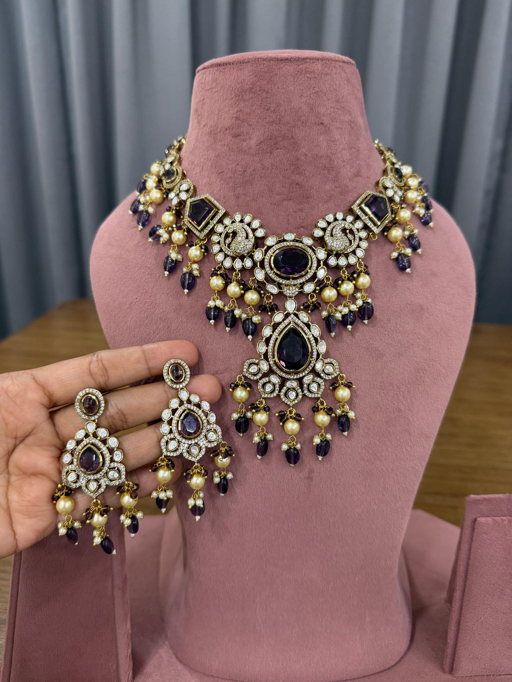 Bridal kundan polki jewellery set with purple stones statement necklace and earrings