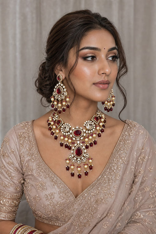Bridal kundan polki jewellery set with ruby red stones statement necklace and earrings