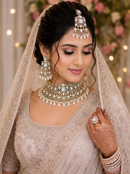 Gold Kundan bridal choker set with white stones and pearl drops