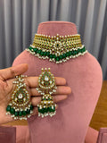 Emerald Green Bridal Kundan Choker Set with Polki Design and Jhumka Earrings