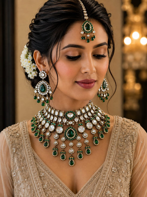 Traditional Indian bridal jewellery set with green Kundan choker and earrings