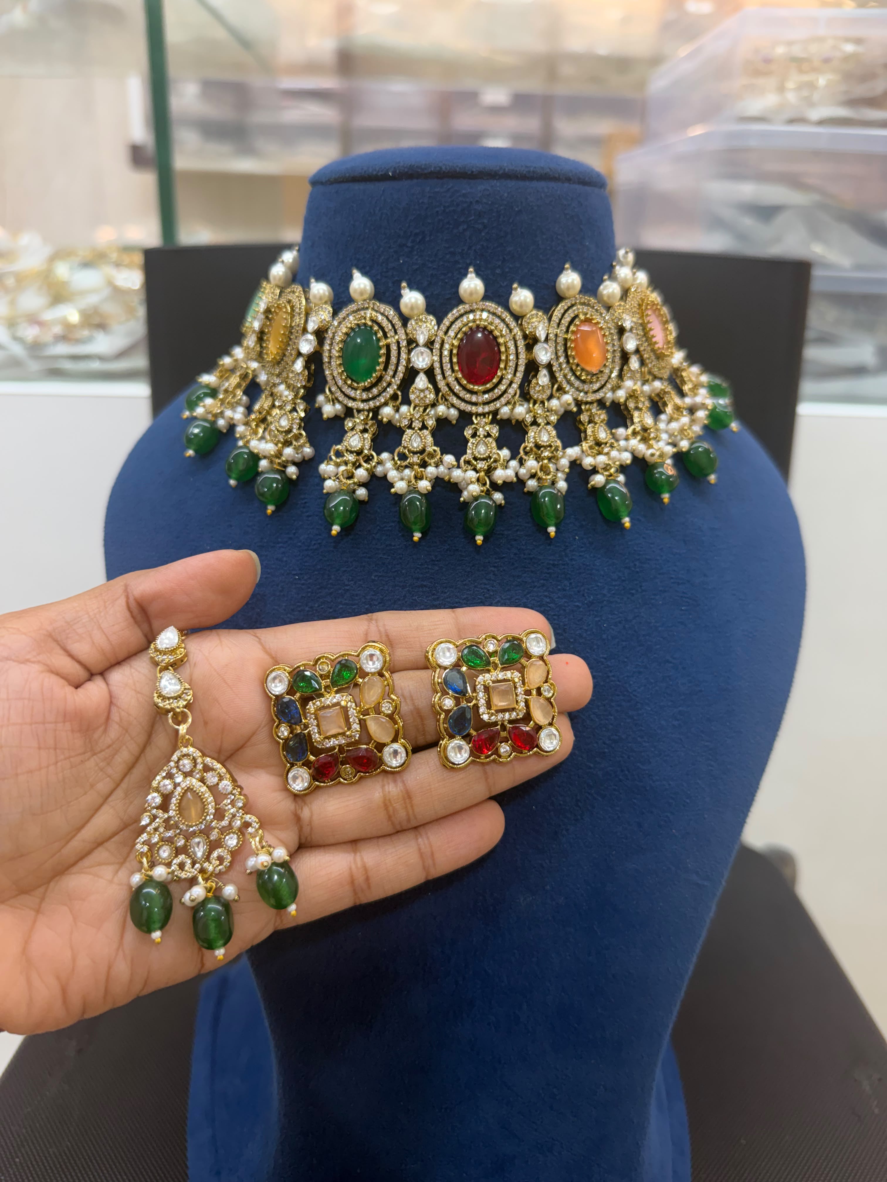 Multicolor Bridal Kundan Choker Jewellery Set with Statement Earrings