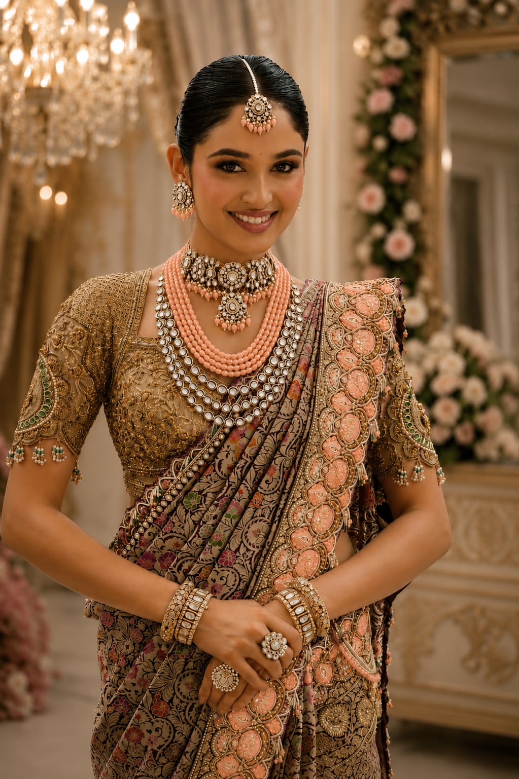 Royal Peach Pink Wedding Jewellery Set with Maang Tikka