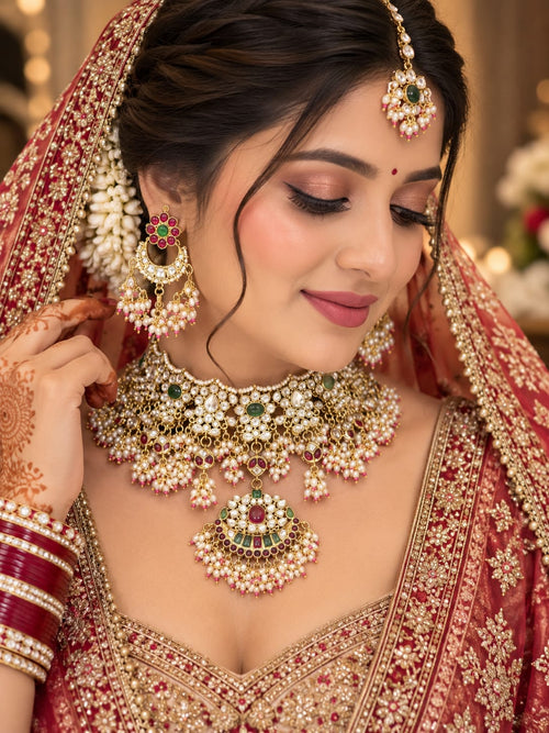 Royal artificial bridal jewellery set with Kundan Polki choker and necklace