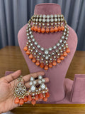 Peach Droplet Bridal Kundan and Polki Jewellery Set with Choker and Earrings.