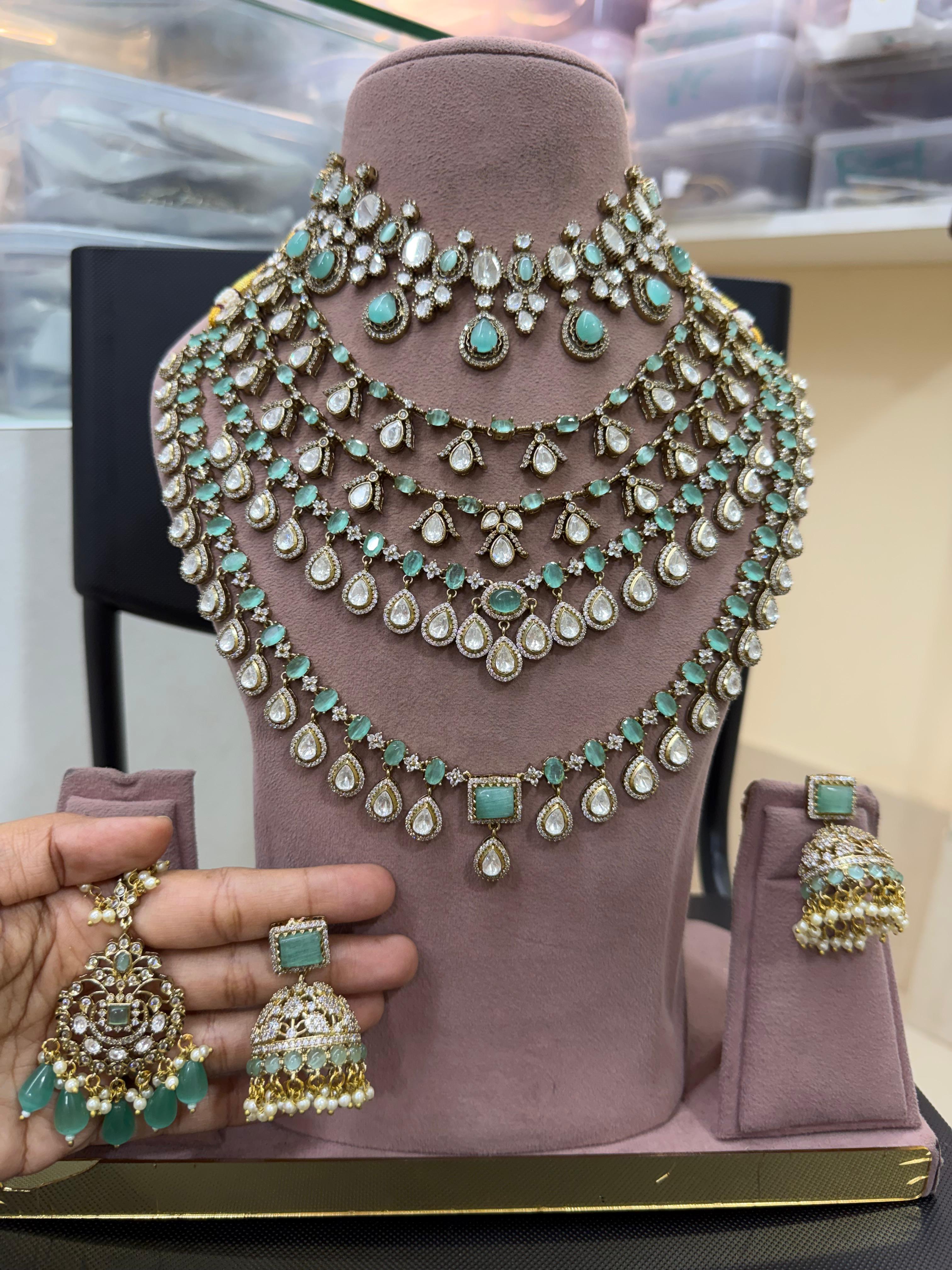 Mint Green Polki and Kundan Multi-Layered Bridal Jewellery Set for Indian Weddings.