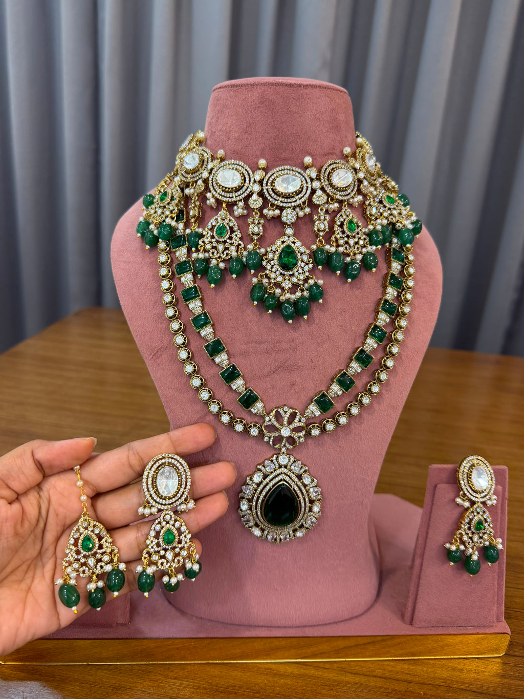 Premium Emerald Green Bridal Kundan Polki Long Necklace and Choker Jewellery Set with Earrings