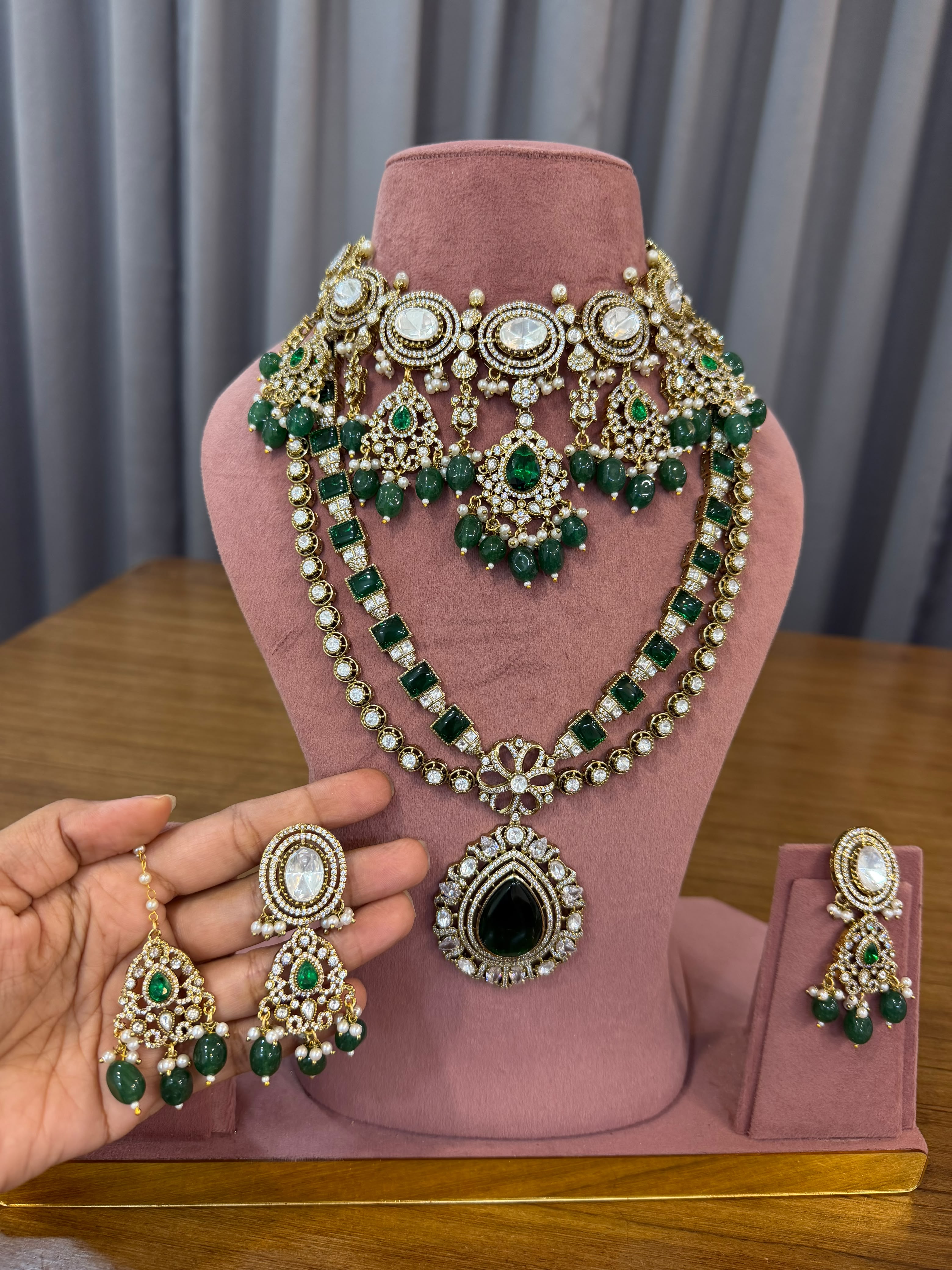 Premium Emerald Green Bridal Kundan Polki Long Necklace and Choker Jewellery Set with Earrings