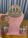 Bridal Kundan Polki Jewellery Set with Green Stones Choker Necklace Earrings