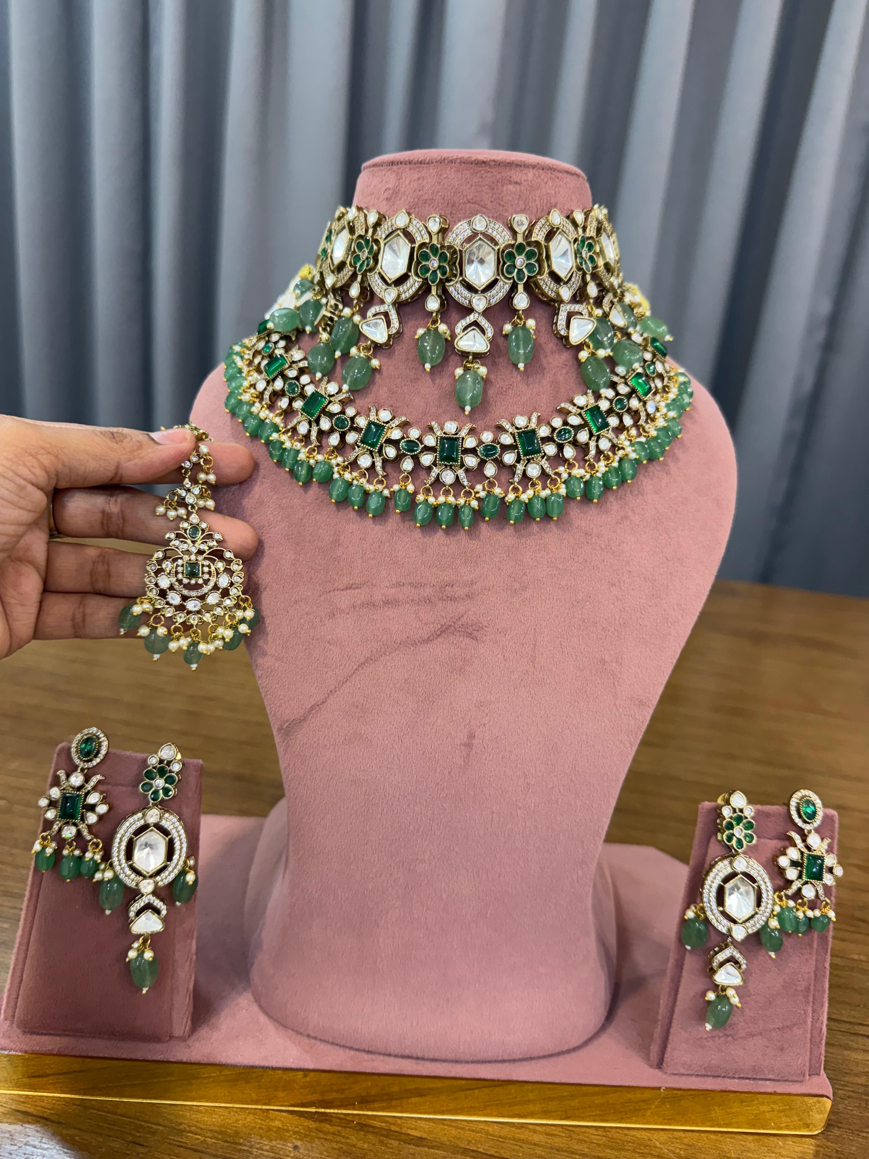 Bridal Kundan Polki Jewellery Set with Green Stones Choker Necklace Earrings
