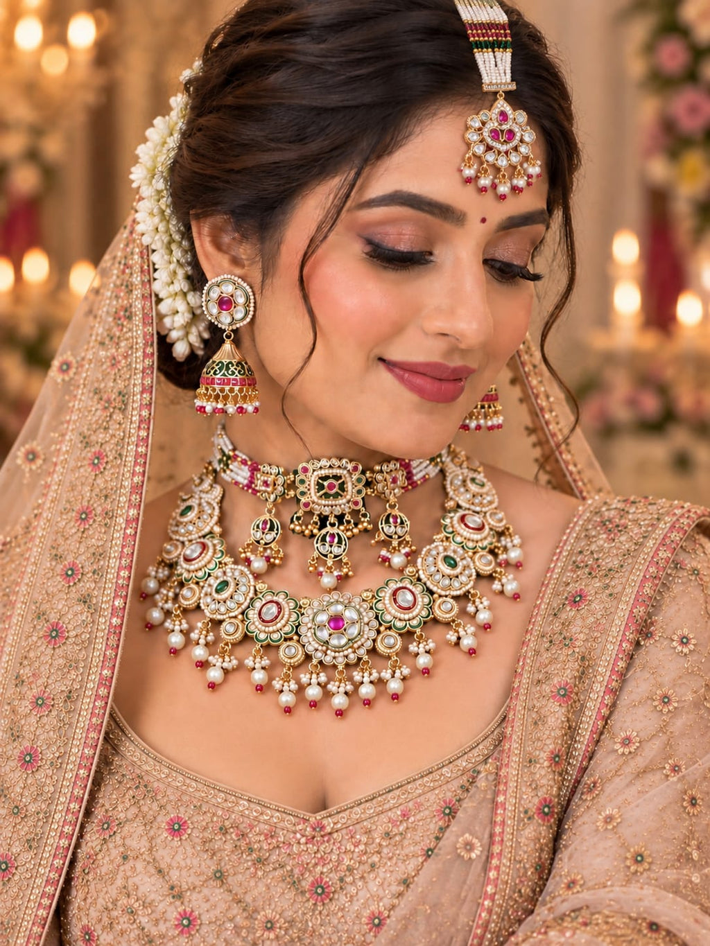 Mehendi-Ready Pink-Green Kundan Polki Choker Set - Kundan Polki Bridal Jewellery by Ganesh Kundan & Polki (view 2)