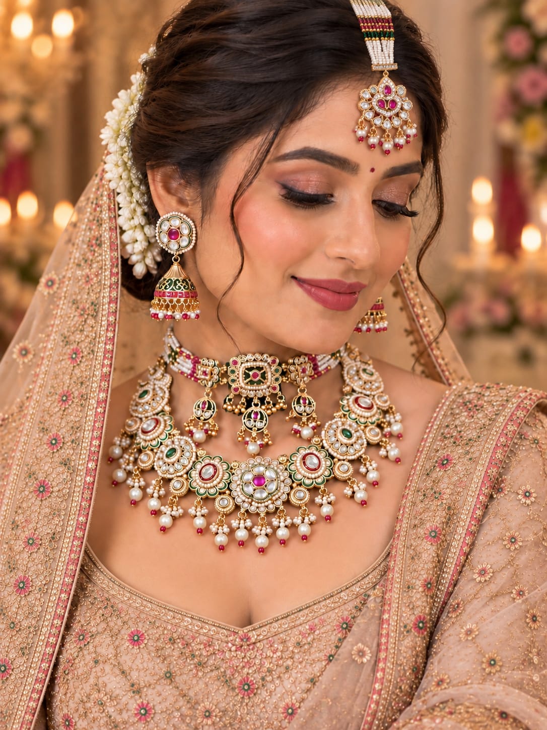 Mehendi-Ready Pink-Green Kundan Polki Choker Set - Kundan Polki Bridal Jewellery by Ganesh Kundan & Polki (view 2)