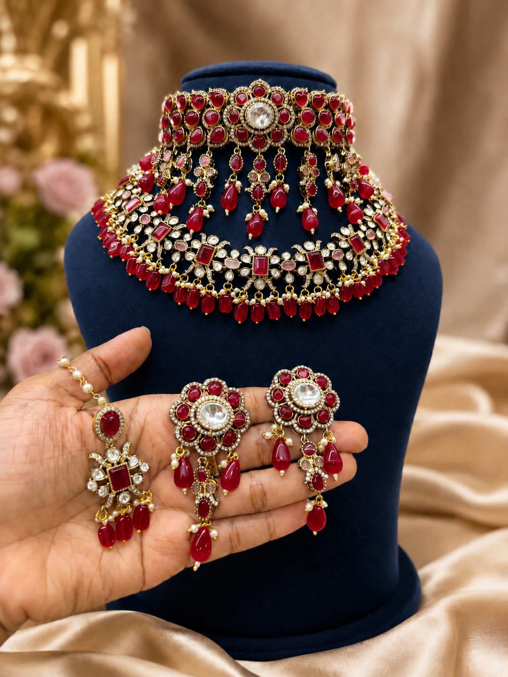Ruby Red Bridal Kundan Polki Jewellery Set with Choker Earrings and Maang Tikka
